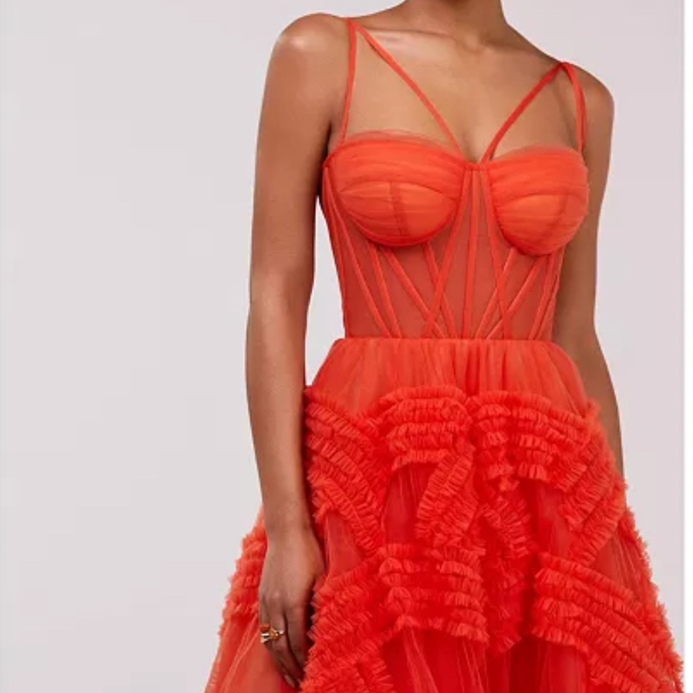 Elegant Orange Maxi Dress with Sheer Corset Bodice - Picture 4 of 10